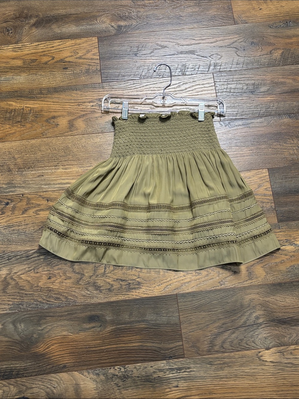 Ramy Brook Olive Green Smocked Mini Skirt with Lace Trim